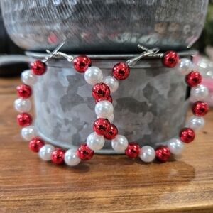 Chic Red & White Acrylic Beaded Hoop Earrings for Women
